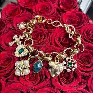 Gold Bracelet with Green and Pearl Charms